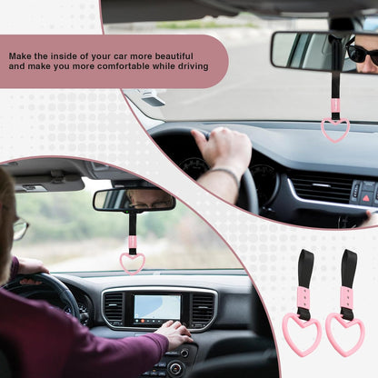 2PCS Heart Shaped Car Handle Straps, Rear Bumper Warning Keychain Ring with Drift Charm for Car Exterior Interior Accessories (Pink)