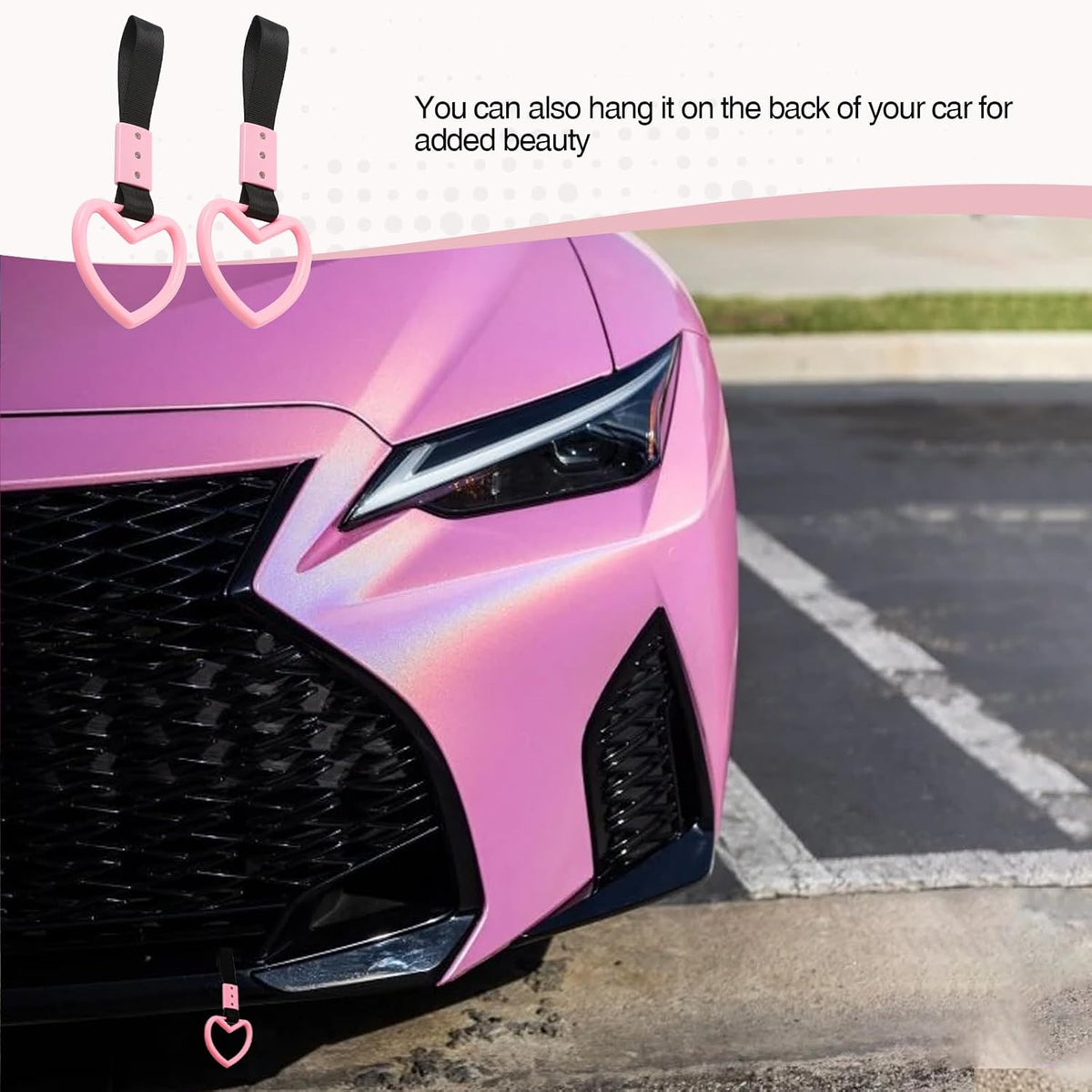 2PCS Heart Shaped Car Handle Straps, Rear Bumper Warning Keychain Ring with Drift Charm for Car Exterior Interior Accessories (Pink)
