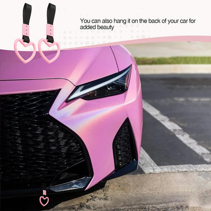 2PCS Heart Shaped Car Handle Straps, Rear Bumper Warning Keychain Ring with Drift Charm for Car Exterior Interior Accessories (Pink)