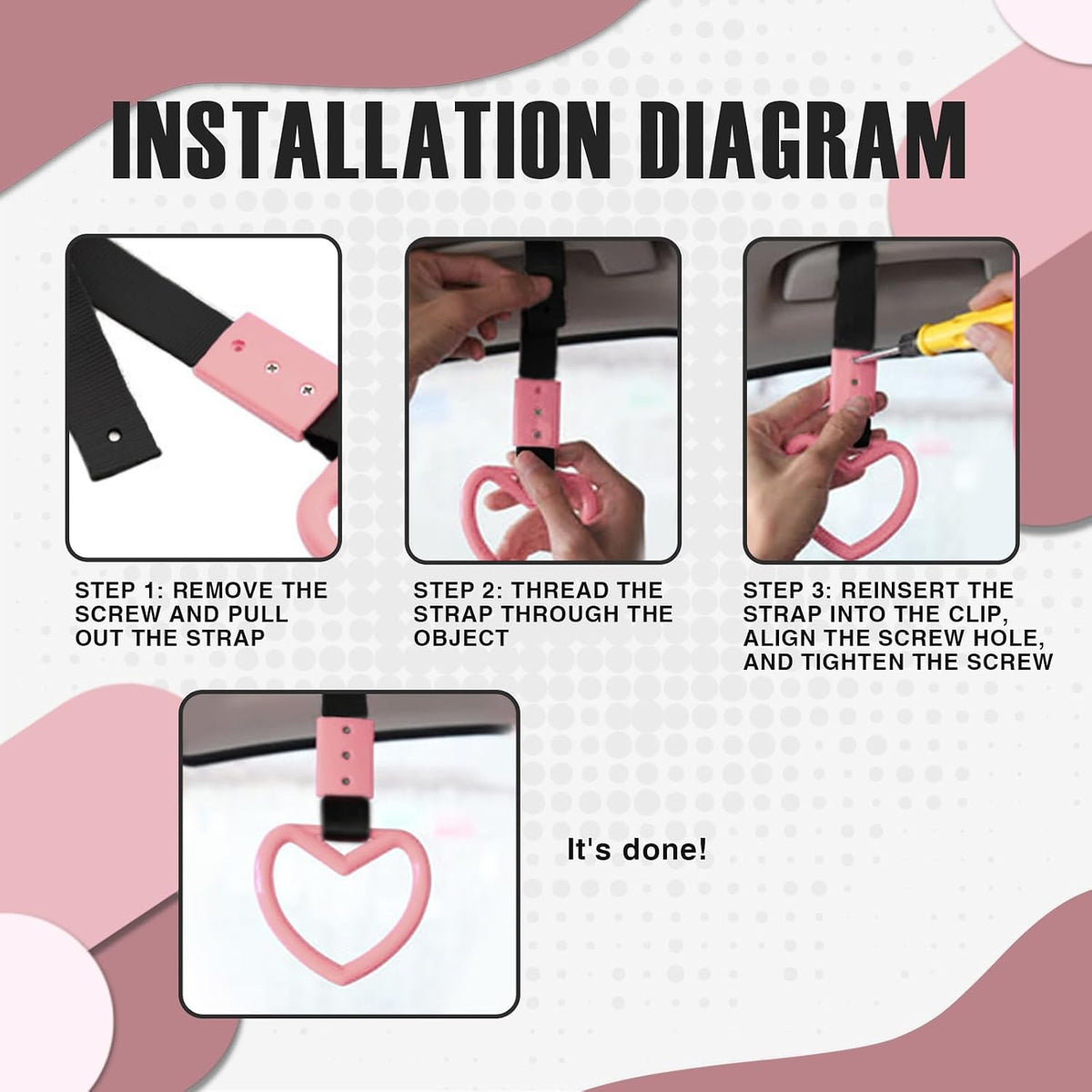 2PCS Heart Shaped Car Handle Straps, Rear Bumper Warning Keychain Ring with Drift Charm for Car Exterior Interior Accessories (Pink)