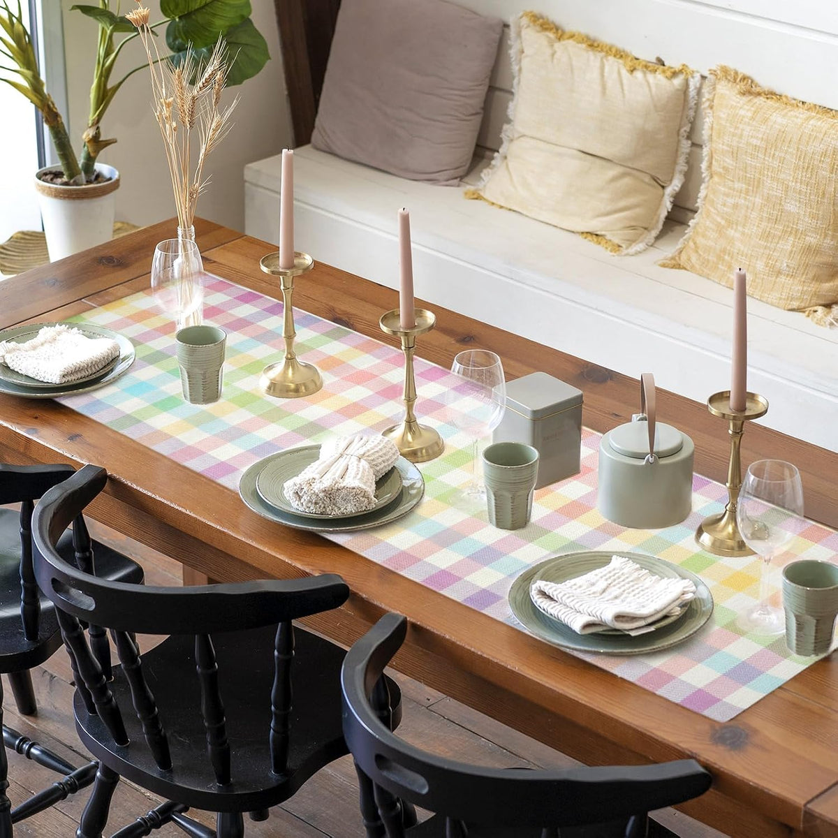 Easter Linen Buffalo Check Plaid Table Runner, Pink Blue Yellow Grid Tablecloth Spring Holiday Dining Table Decoration for Farmhouse Home Room Kitchen Table Easter Party Supplies (13 * 72 Inch)