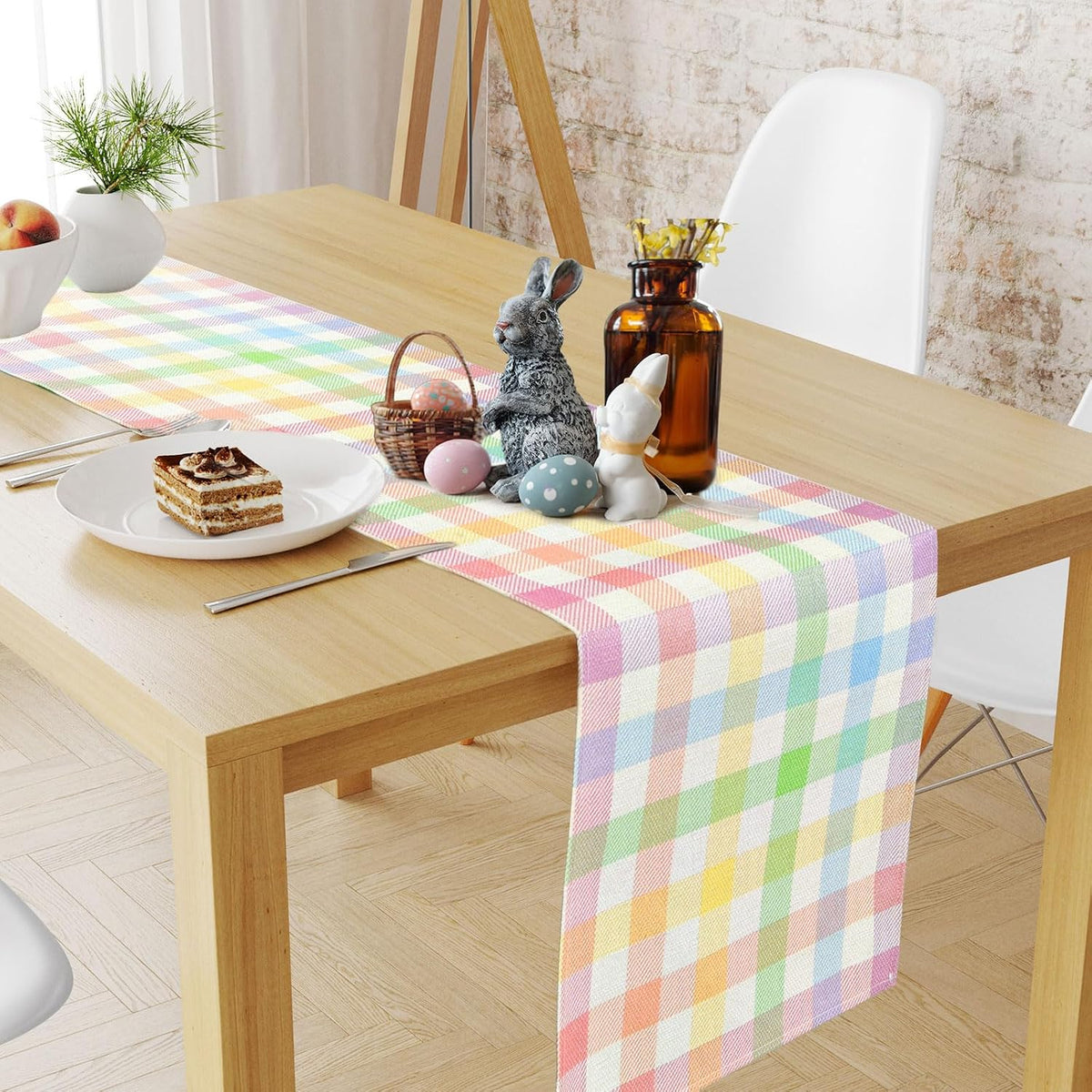 Easter Linen Buffalo Check Plaid Table Runner, Pink Blue Yellow Grid Tablecloth Spring Holiday Dining Table Decoration for Farmhouse Home Room Kitchen Table Easter Party Supplies (13 * 72 Inch)