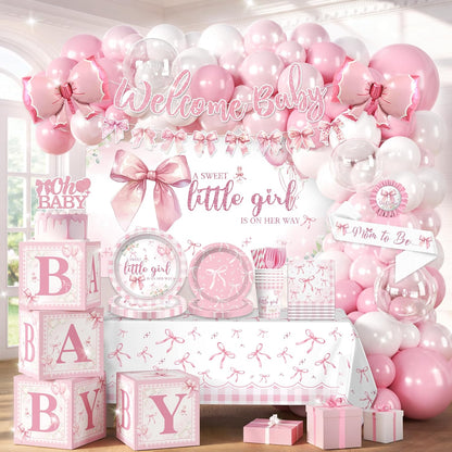 Cocomigo Pink Bow Baby Shower Decorations, All-in-One Party Set Serves 20