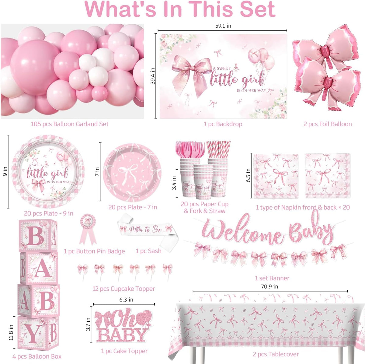 Cocomigo Pink Bow Baby Shower Decorations, All-in-One Party Set Serves 20