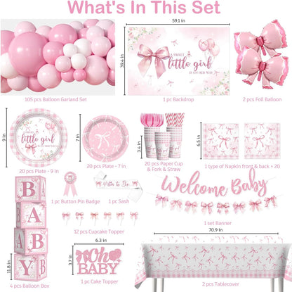 Cocomigo Pink Bow Baby Shower Decorations, All-in-One Party Set Serves 20