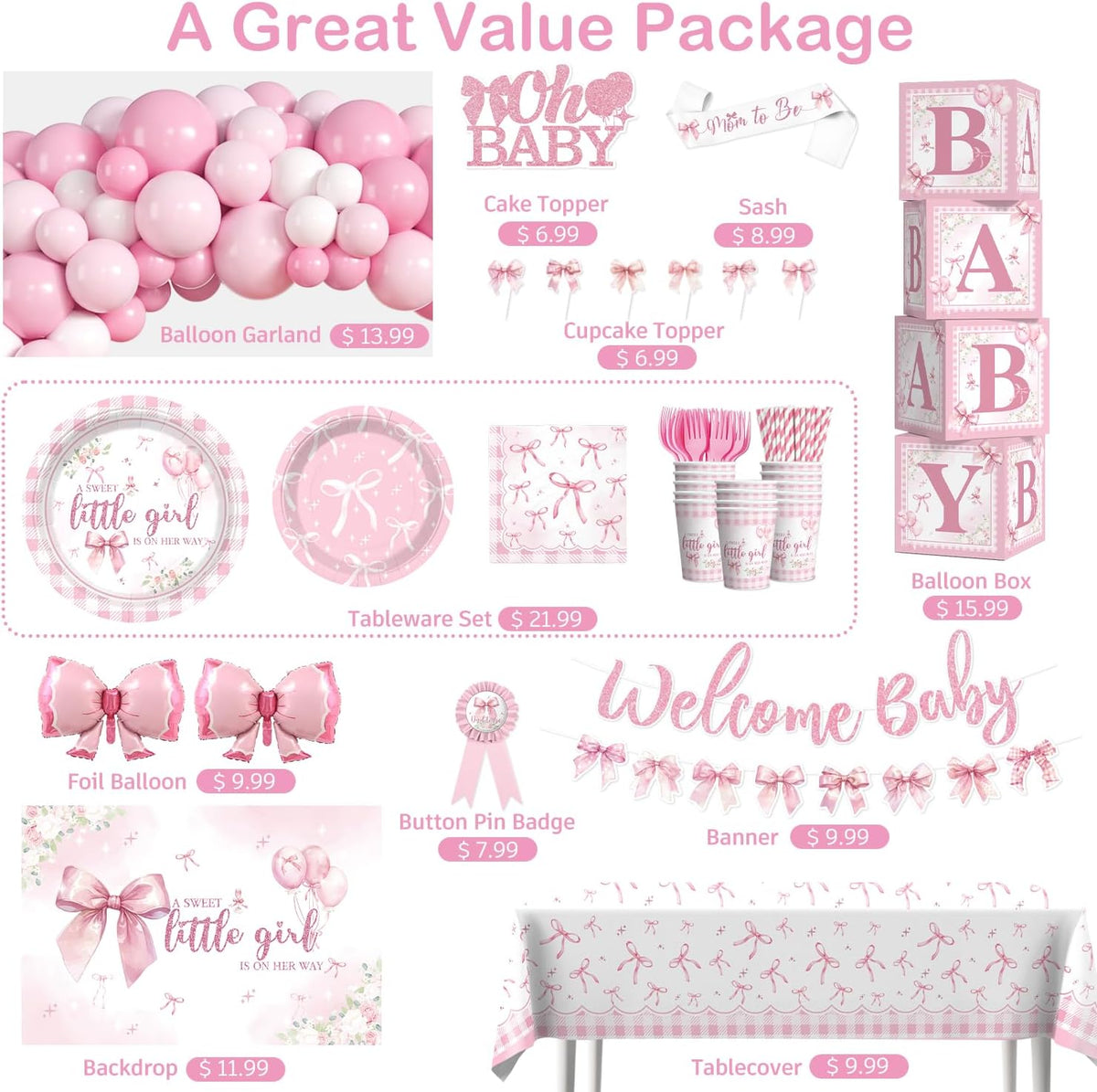 Cocomigo Pink Bow Baby Shower Decorations, All-in-One Party Set Serves 20