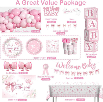 Cocomigo Pink Bow Baby Shower Decorations, All-in-One Party Set Serves 20