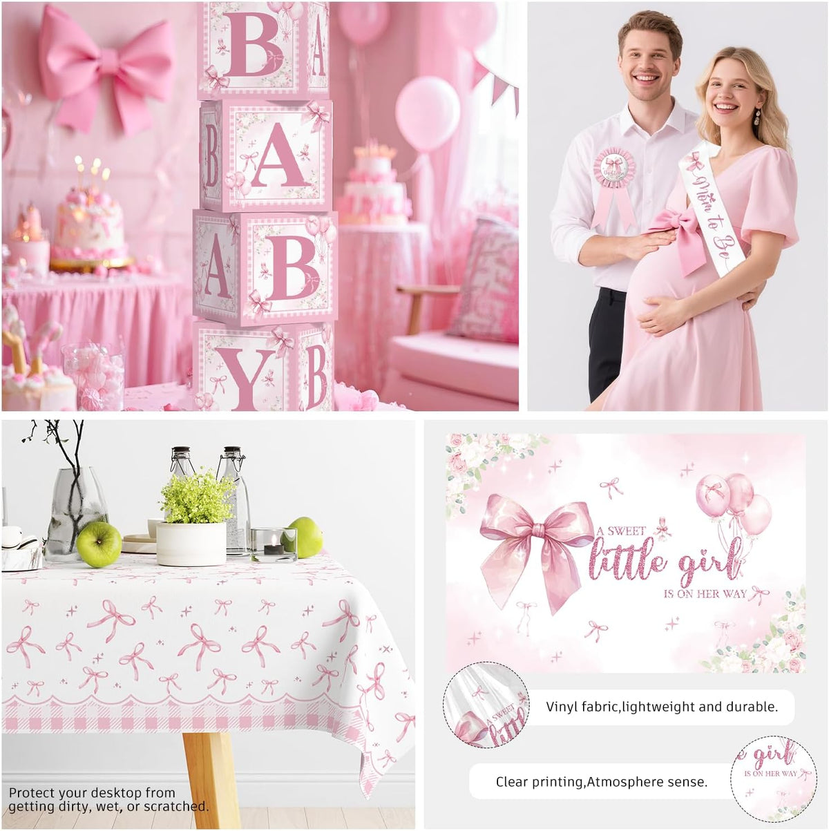 Cocomigo Pink Bow Baby Shower Decorations, All-in-One Party Set Serves 20