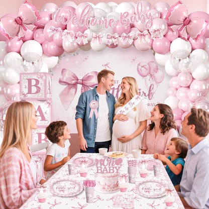 Cocomigo Pink Bow Baby Shower Decorations, All-in-One Party Set Serves 20
