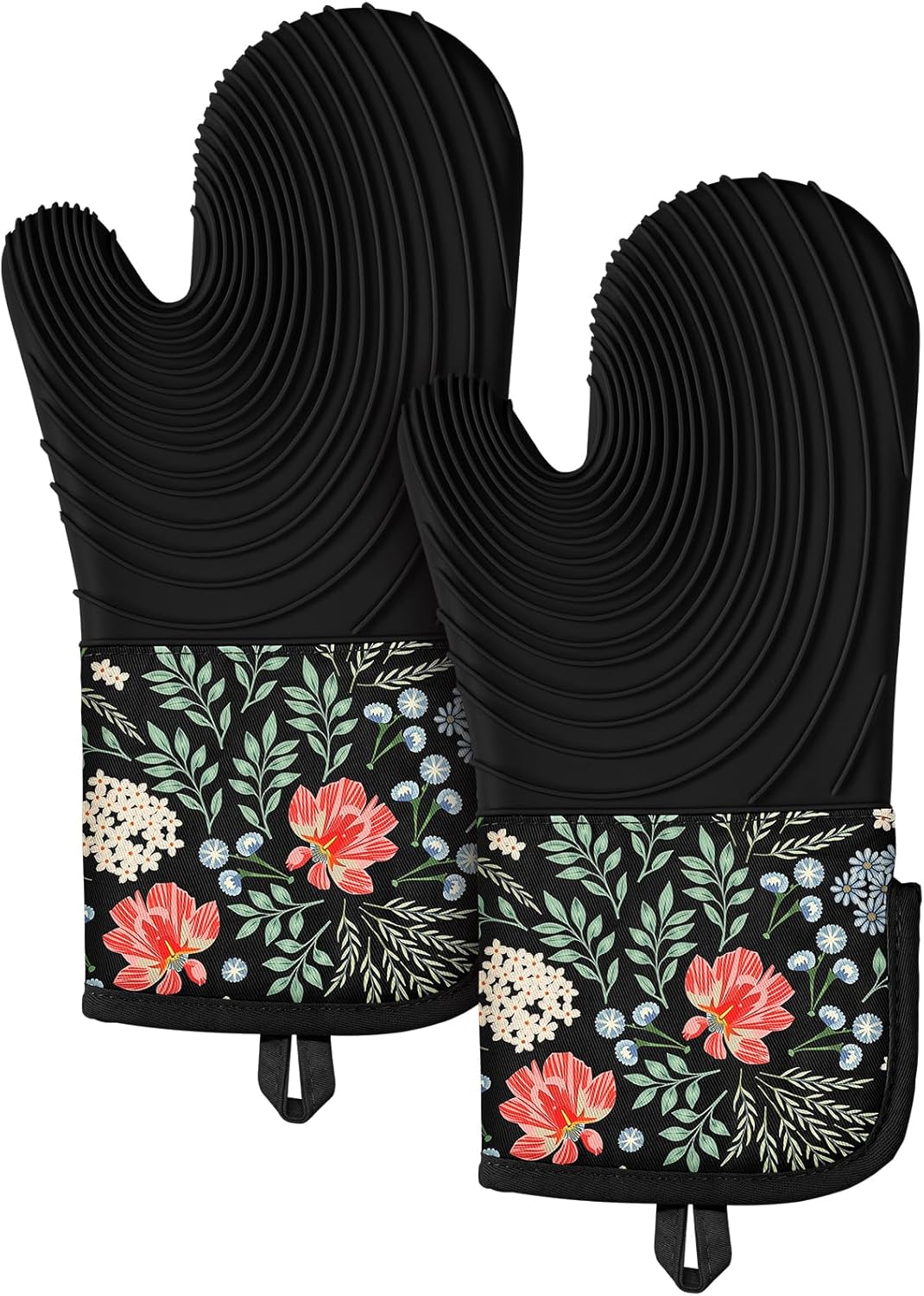 Long Silicone Oven Mitts Heat Resistant for Women - 2 Pcs Black-Pink Flower 100% Cotton Oven Gloves, Non-Slip and Waterproof Silicone Oven Mitts with Hanger for Baking and Cooking