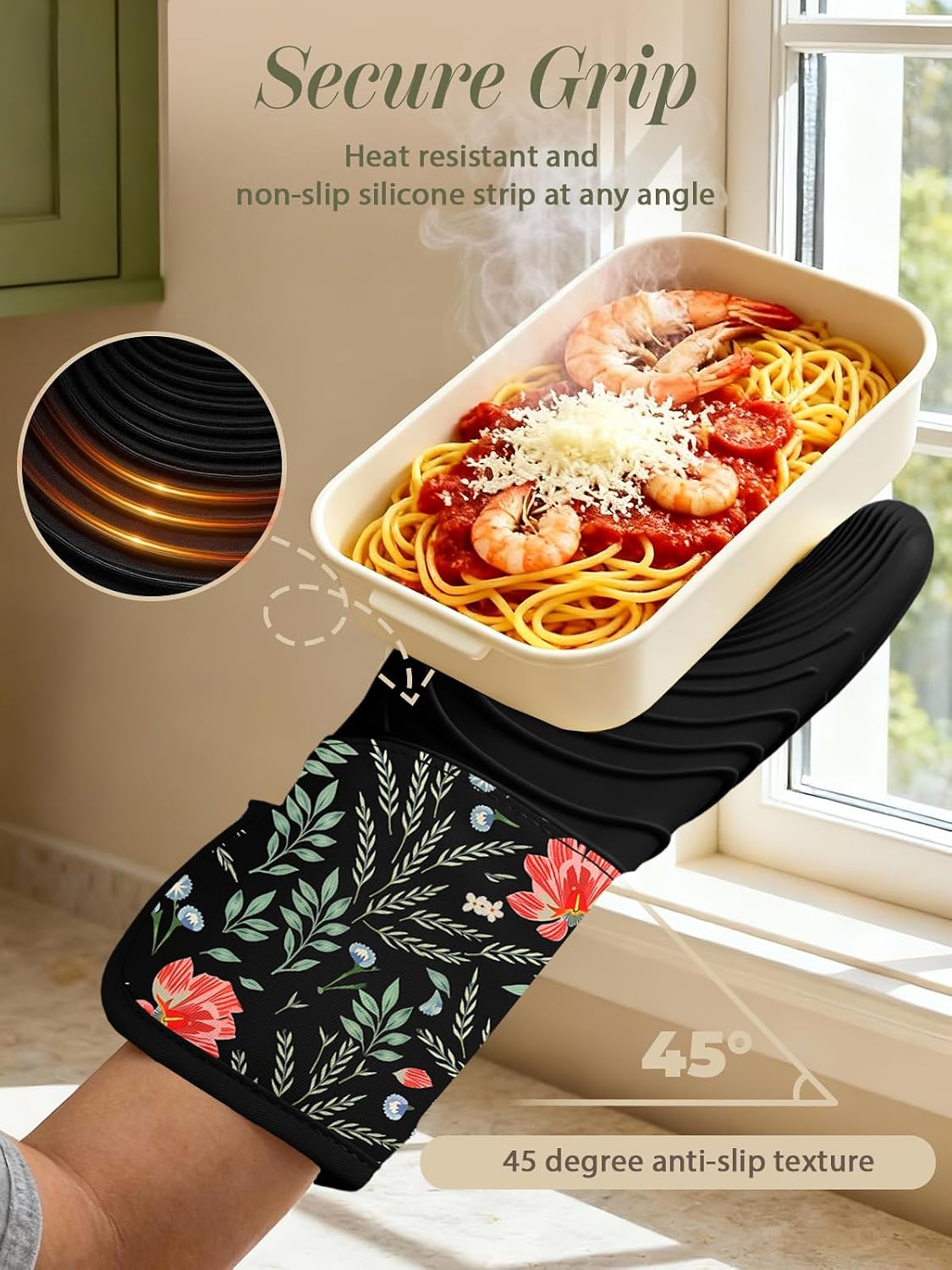 Long Silicone Oven Mitts Heat Resistant for Women - 2 Pcs Black-Pink Flower 100% Cotton Oven Gloves, Non-Slip and Waterproof Silicone Oven Mitts with Hanger for Baking and Cooking