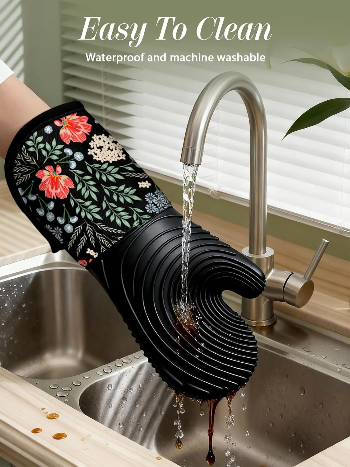 Long Silicone Oven Mitts Heat Resistant for Women - 2 Pcs Black-Pink Flower 100% Cotton Oven Gloves, Non-Slip and Waterproof Silicone Oven Mitts with Hanger for Baking and Cooking