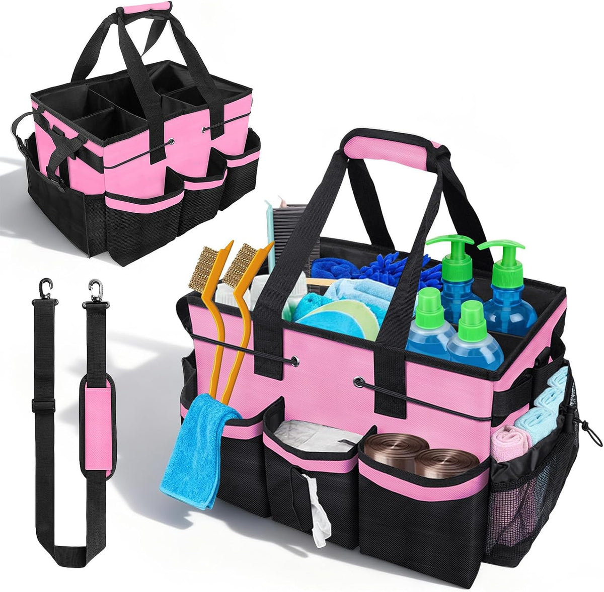 Large Cleaning Caddy Bag - 15" x 10.5" x 9" Heavy-Duty Organizer Tote for Housekeepers, Janitors & Home Cleaning Supplies with Adjustable Shoulder Strap & Multiple Pockets (Pink)