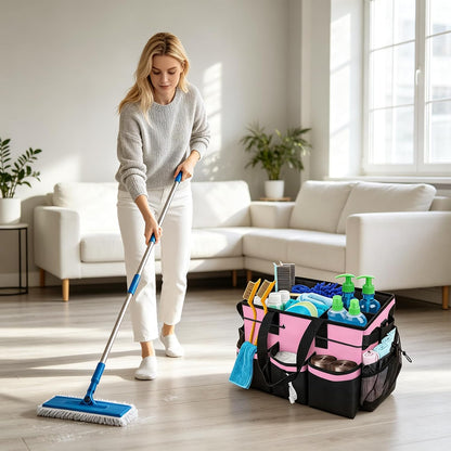 Large Cleaning Caddy Bag - 15" x 10.5" x 9" Heavy-Duty Organizer Tote for Housekeepers, Janitors & Home Cleaning Supplies with Adjustable Shoulder Strap & Multiple Pockets (Pink)
