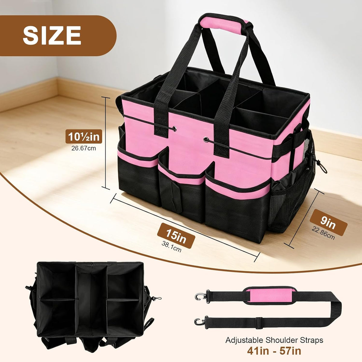 Large Cleaning Caddy Bag - 15" x 10.5" x 9" Heavy-Duty Organizer Tote for Housekeepers, Janitors & Home Cleaning Supplies with Adjustable Shoulder Strap & Multiple Pockets (Pink)