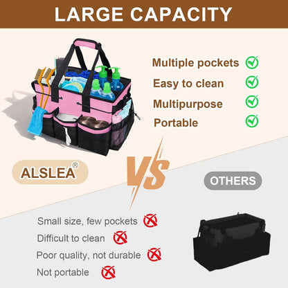 Large Cleaning Caddy Bag - 15" x 10.5" x 9" Heavy-Duty Organizer Tote for Housekeepers, Janitors & Home Cleaning Supplies with Adjustable Shoulder Strap & Multiple Pockets (Pink)