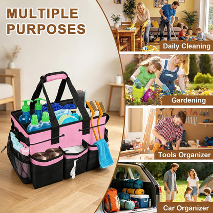 Large Cleaning Caddy Bag - 15" x 10.5" x 9" Heavy-Duty Organizer Tote for Housekeepers, Janitors & Home Cleaning Supplies with Adjustable Shoulder Strap & Multiple Pockets (Pink)