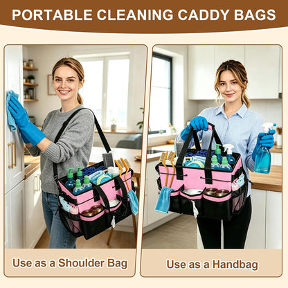 Large Cleaning Caddy Bag - 15" x 10.5" x 9" Heavy-Duty Organizer Tote for Housekeepers, Janitors & Home Cleaning Supplies with Adjustable Shoulder Strap & Multiple Pockets (Pink)