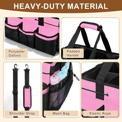 Large Cleaning Caddy Bag - 15" x 10.5" x 9" Heavy-Duty Organizer Tote for Housekeepers, Janitors & Home Cleaning Supplies with Adjustable Shoulder Strap & Multiple Pockets (Pink)