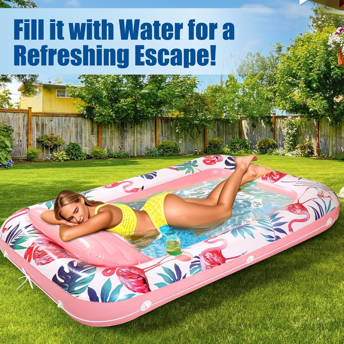 Tanning Pool Floats for Adults with Cup Holder & Pillow, Thick UV-Resistant PVC Portable Float for Backyard, Pool, Lake - Compact Design, Easy Inflation, Durable for Tanning & Relaxation