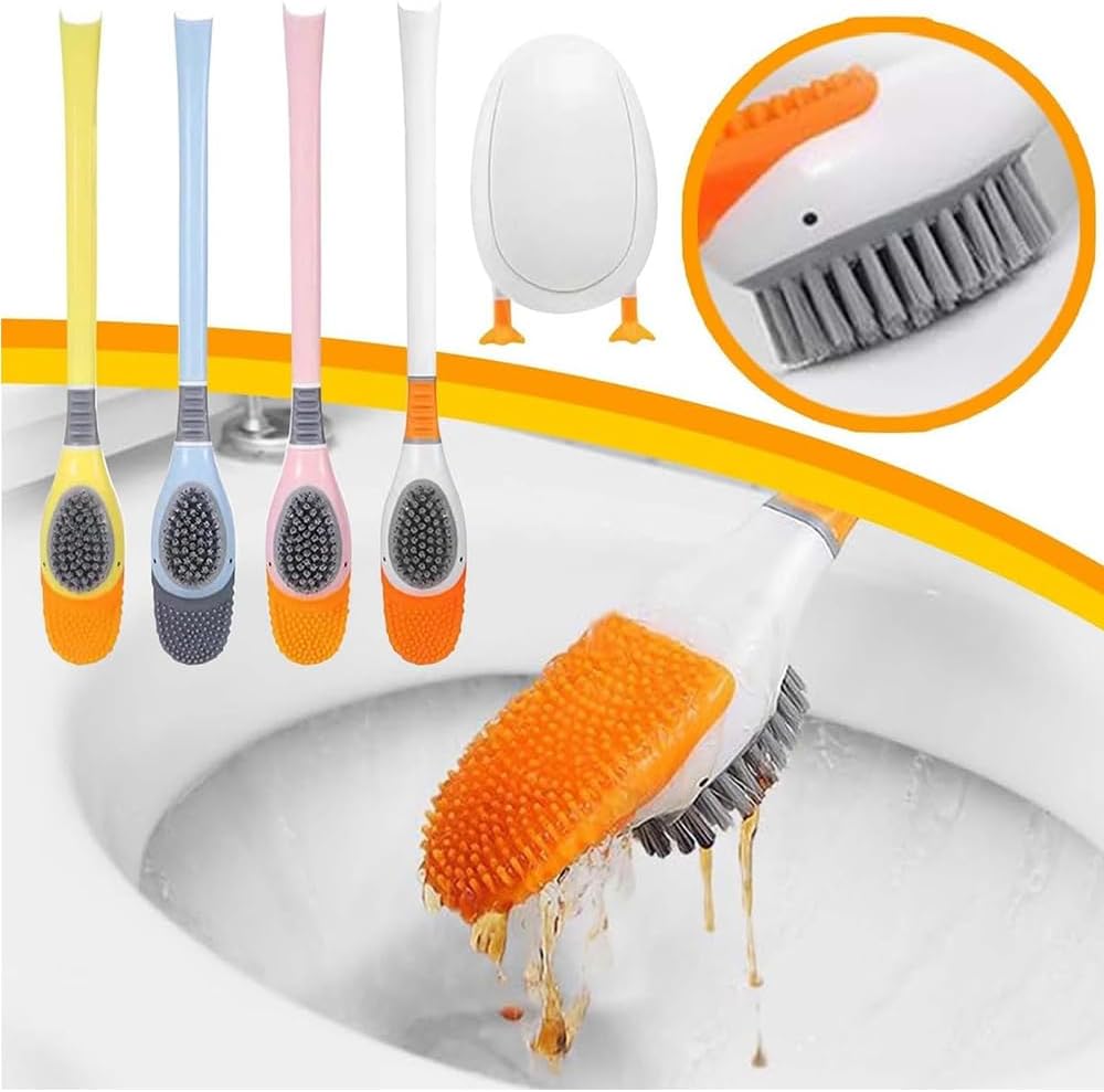 Toilet Brush 2 Pack with Ventilated Holder, Diving Duck Toilet Bowl Scrubber, Silicone Bristles for Deep Cleaning, No-Drill Toilet Cleaner Brush Set (Pink Colour)