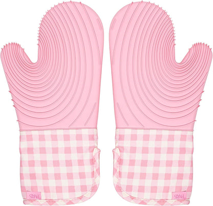 Paris Hilton Oven Mitt Set with Limited Edition Pink Gingham Design, Heat Resistant Pot Holders Featuring Non-Slip Textured Silicone Grips, 2-Piece Set, Pink