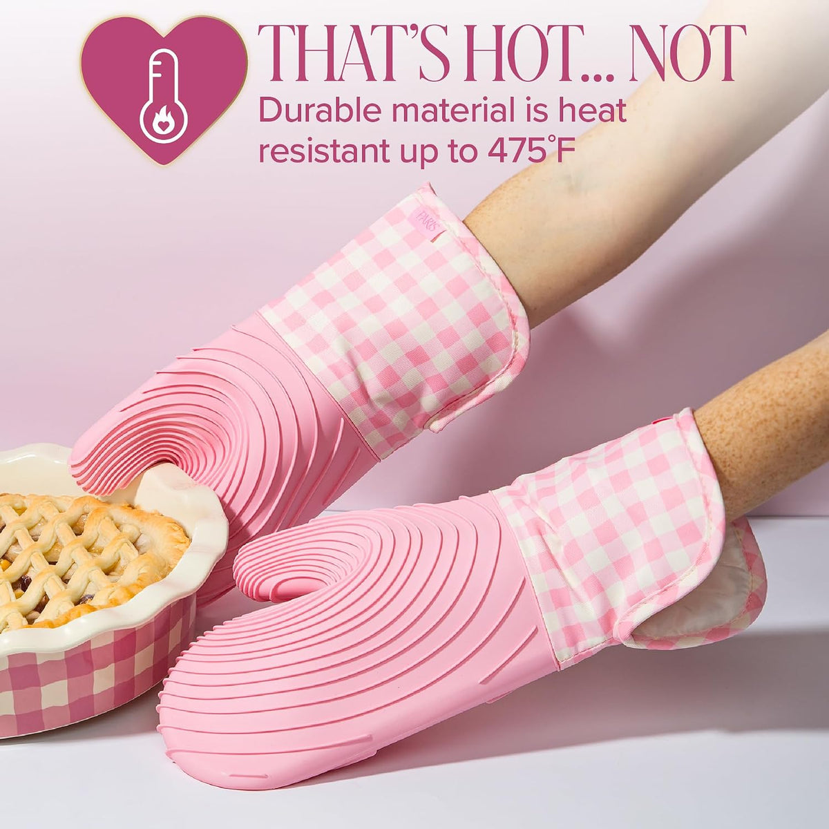 Paris Hilton Oven Mitt Set with Limited Edition Pink Gingham Design, Heat Resistant Pot Holders Featuring Non-Slip Textured Silicone Grips, 2-Piece Set, Pink