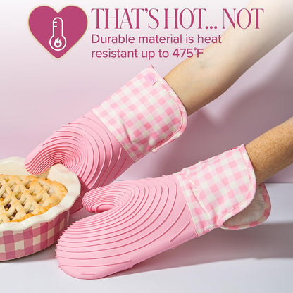 Paris Hilton Oven Mitt Set with Limited Edition Pink Gingham Design, Heat Resistant Pot Holders Featuring Non-Slip Textured Silicone Grips, 2-Piece Set, Pink