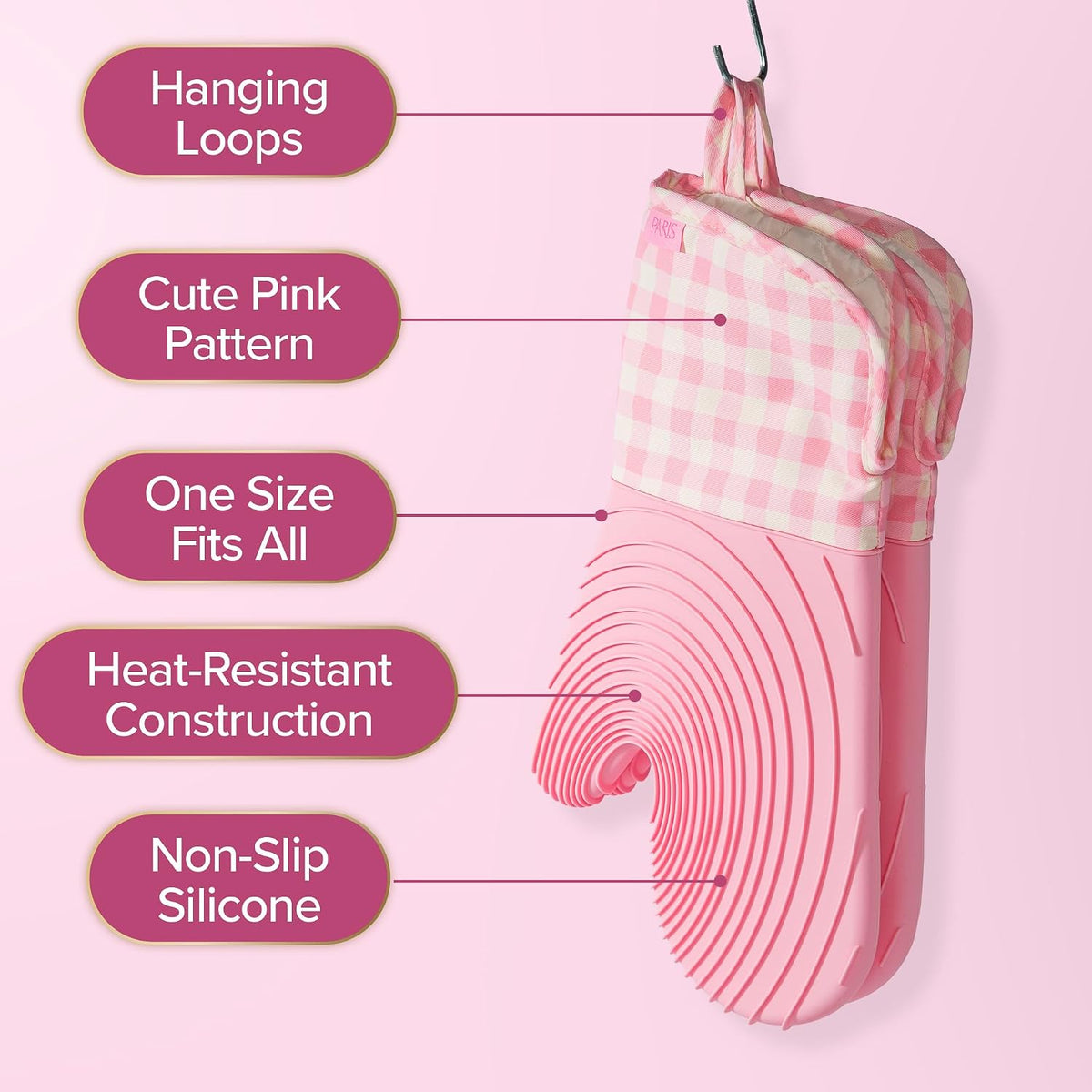 Paris Hilton Oven Mitt Set with Limited Edition Pink Gingham Design, Heat Resistant Pot Holders Featuring Non-Slip Textured Silicone Grips, 2-Piece Set, Pink