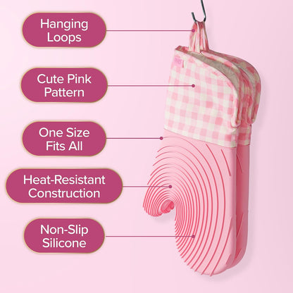 Paris Hilton Oven Mitt Set with Limited Edition Pink Gingham Design, Heat Resistant Pot Holders Featuring Non-Slip Textured Silicone Grips, 2-Piece Set, Pink
