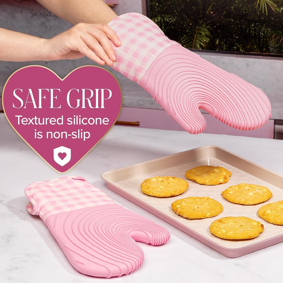 Paris Hilton Oven Mitt Set with Limited Edition Pink Gingham Design, Heat Resistant Pot Holders Featuring Non-Slip Textured Silicone Grips, 2-Piece Set, Pink