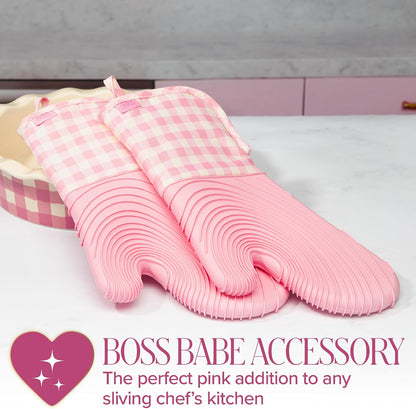 Paris Hilton Oven Mitt Set with Limited Edition Pink Gingham Design, Heat Resistant Pot Holders Featuring Non-Slip Textured Silicone Grips, 2-Piece Set, Pink