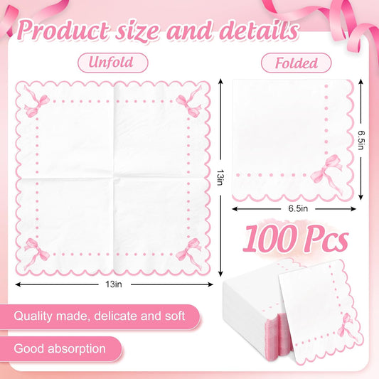 JarThenaAMCS 100Pcs Pink Bow Scalloped Paper Napkins Cute Luncheon Napkins Dinner Hand Napkins for Coquette Birthday Party Supplies Table Decor