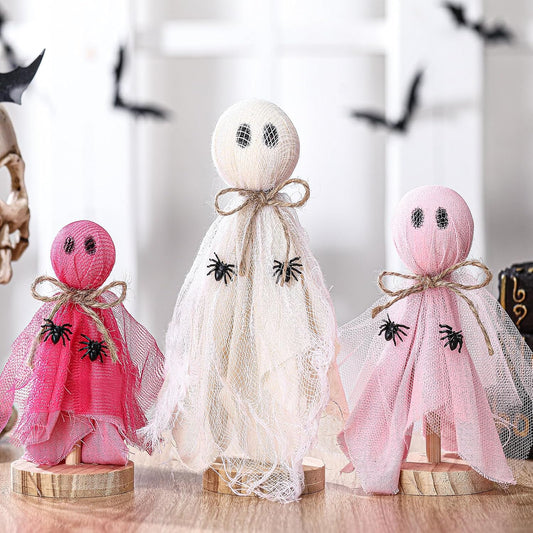 3 Pcs Primitive Halloween Decorations, Pink Ghost on Wooden Stand