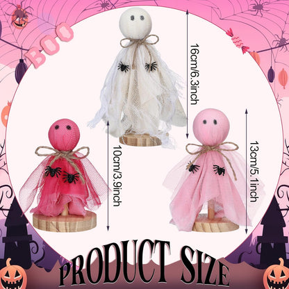 3 Pcs Primitive Halloween Decorations, Pink Ghost on Wooden Stand