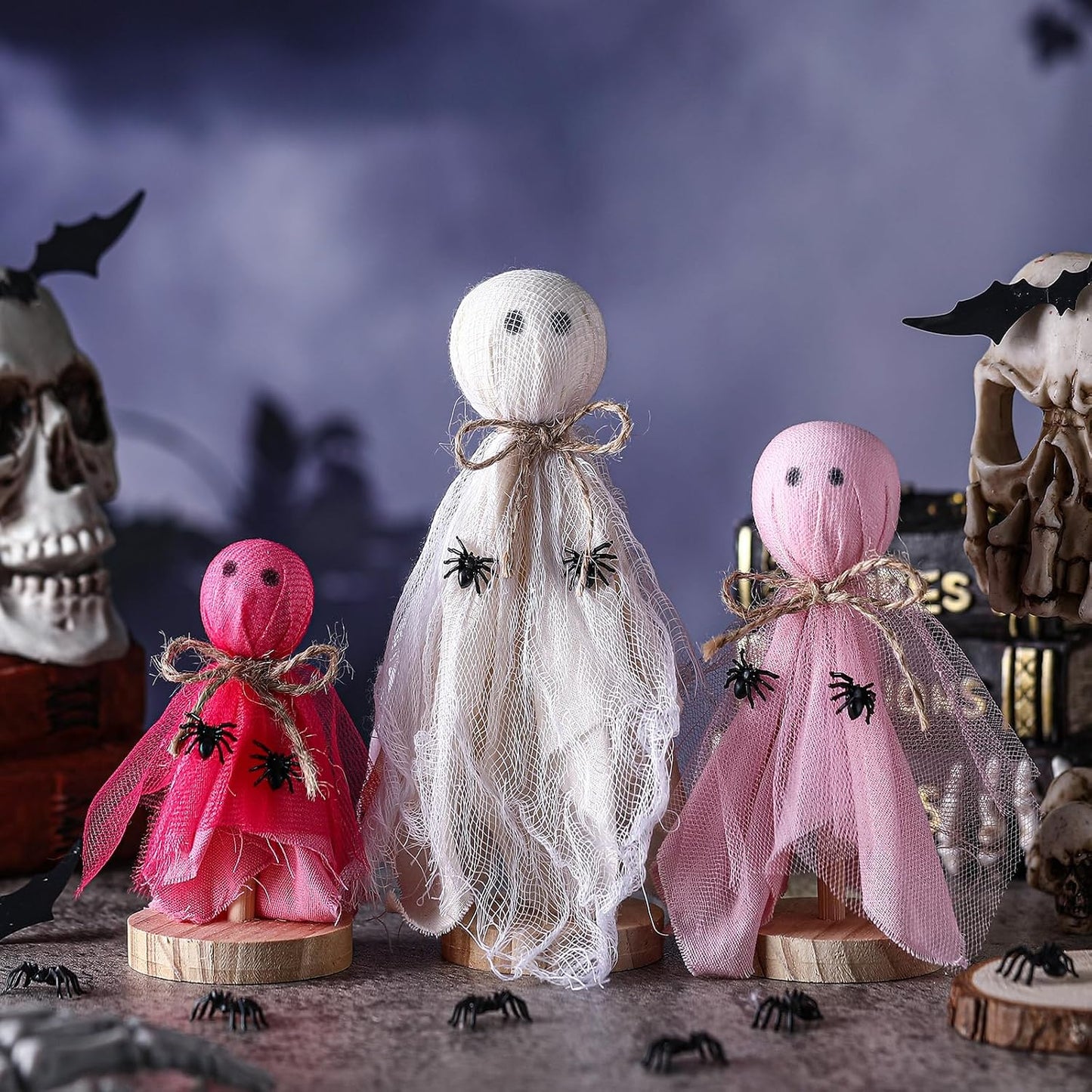 3 Pcs Primitive Halloween Decorations, Pink Ghost on Wooden Stand