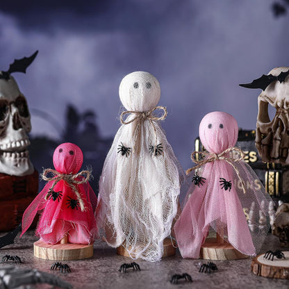 3 Pcs Primitive Halloween Decorations, Pink Ghost on Wooden Stand