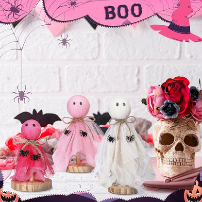 3 Pcs Primitive Halloween Decorations, Pink Ghost on Wooden Stand