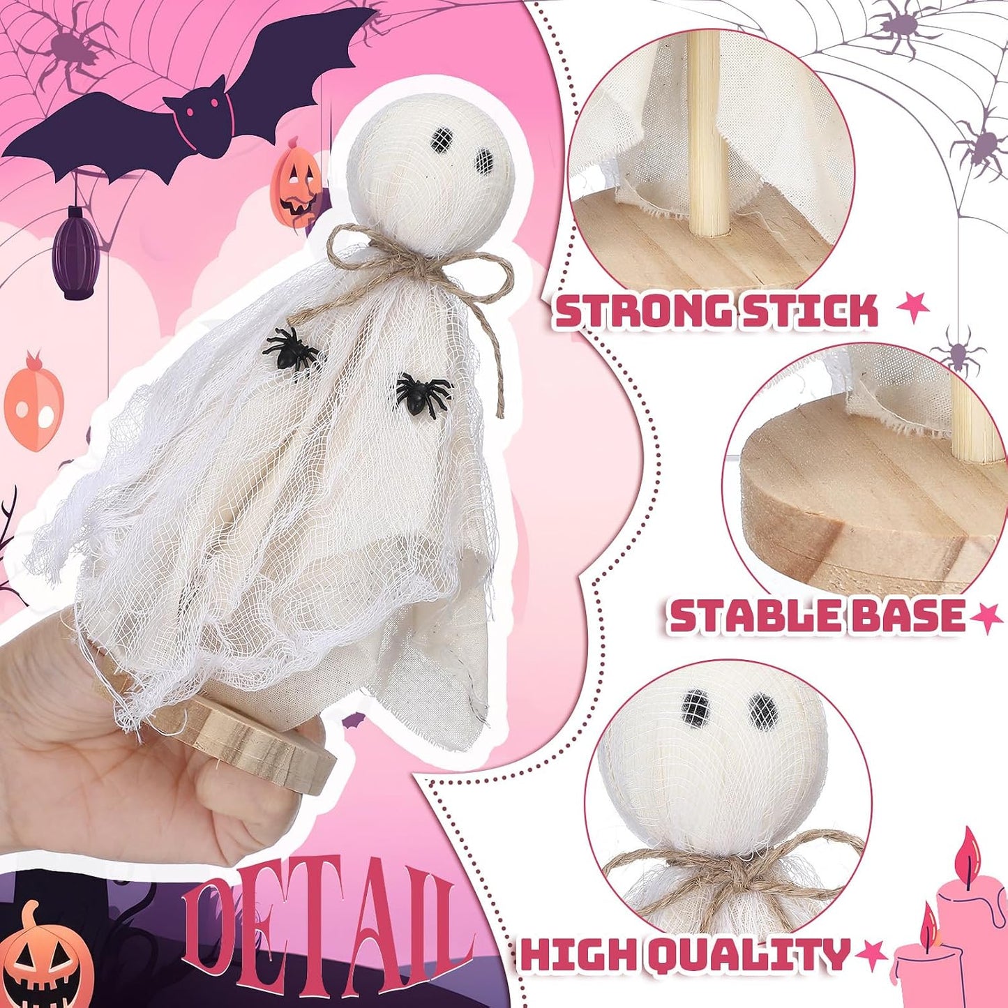 3 Pcs Primitive Halloween Decorations, Pink Ghost on Wooden Stand