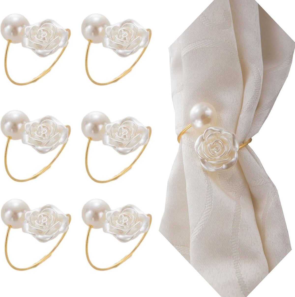 Gold Rose Pearl Valentine's Day Napkin Rings Set of 6, Metal Valentine's Day Napkin Holders Table Decorations Mother's Day Wedding Party Supplies
