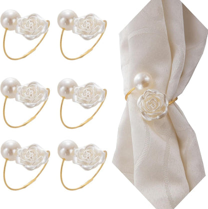 Gold Rose Pearl Valentine's Day Napkin Rings Set of 6, Metal Valentine's Day Napkin Holders Table Decorations Mother's Day Wedding Party Supplies