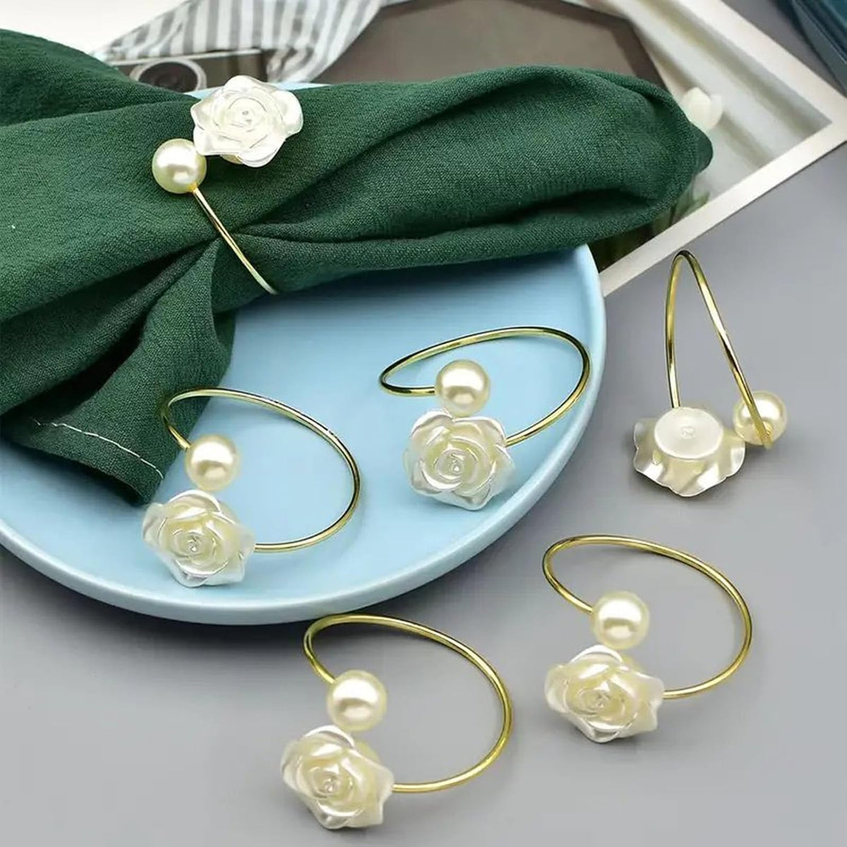 Gold Rose Pearl Valentine's Day Napkin Rings Set of 6, Metal Valentine's Day Napkin Holders Table Decorations Mother's Day Wedding Party Supplies