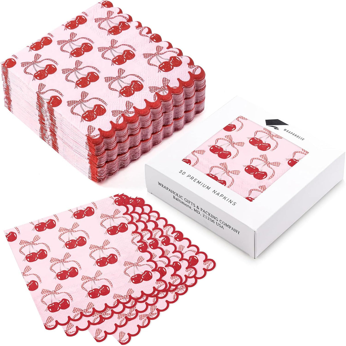 50Pcs Pink Bow Cherry Cocktail Napkins - 3-Ply Lovely Pink Bow Cherry Disposable Paper Napkins for Girl Birthday Wedding Tableware Party Supplies - 5 x 5 In