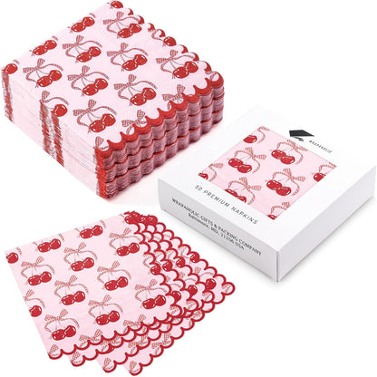 50Pcs Pink Bow Cherry Cocktail Napkins - 3-Ply Lovely Pink Bow Cherry Disposable Paper Napkins for Girl Birthday Wedding Tableware Party Supplies - 5 x 5 In