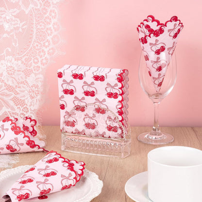 50Pcs Pink Bow Cherry Cocktail Napkins - 3-Ply Lovely Pink Bow Cherry Disposable Paper Napkins for Girl Birthday Wedding Tableware Party Supplies - 5 x 5 In