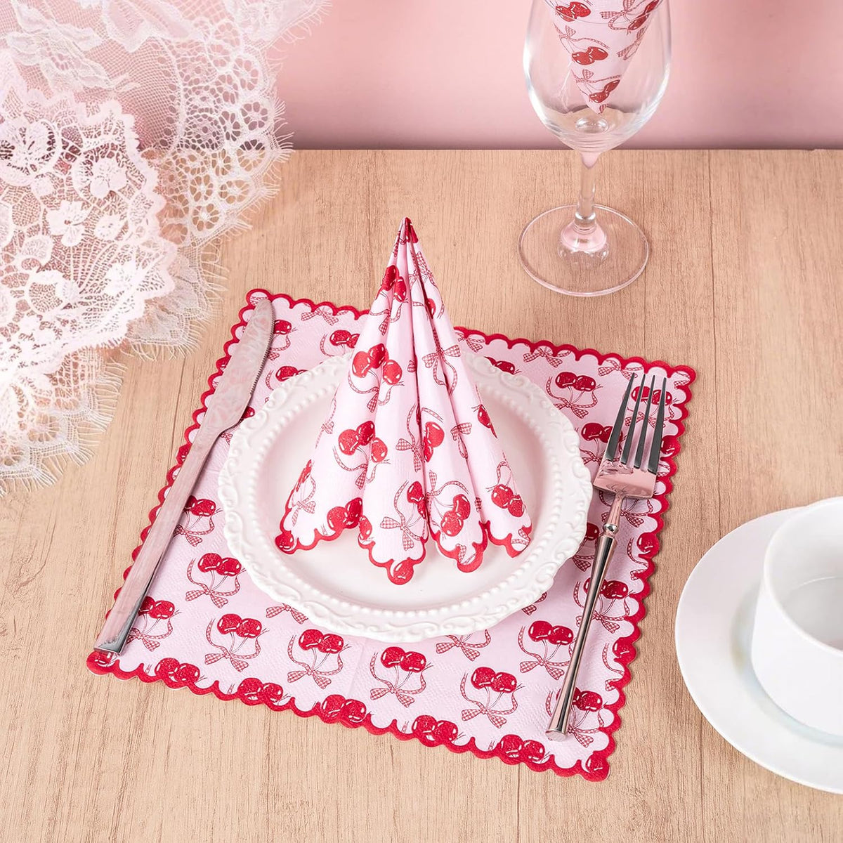 50Pcs Pink Bow Cherry Cocktail Napkins - 3-Ply Lovely Pink Bow Cherry Disposable Paper Napkins for Girl Birthday Wedding Tableware Party Supplies - 5 x 5 In