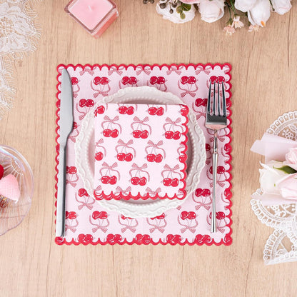50Pcs Pink Bow Cherry Cocktail Napkins - 3-Ply Lovely Pink Bow Cherry Disposable Paper Napkins for Girl Birthday Wedding Tableware Party Supplies - 5 x 5 In