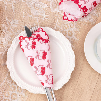 50Pcs Pink Bow Cherry Cocktail Napkins - 3-Ply Lovely Pink Bow Cherry Disposable Paper Napkins for Girl Birthday Wedding Tableware Party Supplies - 5 x 5 In