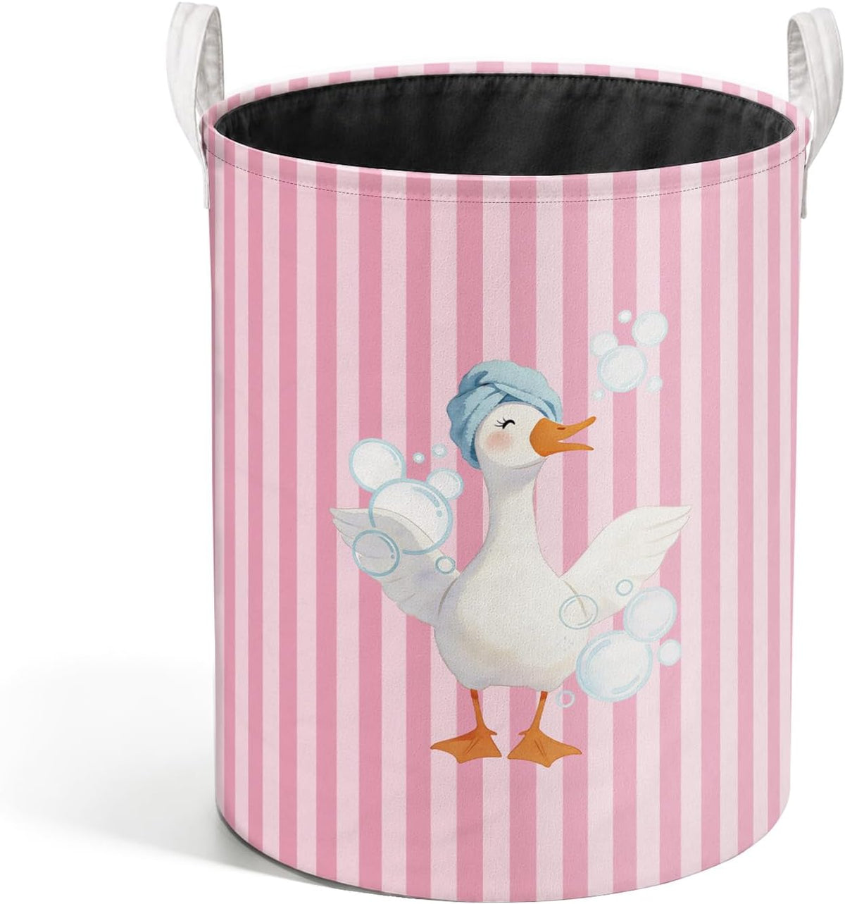 Funny Goose Pink Striped Laundry Basket, Preppy Toothbrush Bubble Goose Laundry Hamper Waterproof Collapsible Clothes Toys Storage Bin Organizer for Girls Dorm Bathroom Washroom