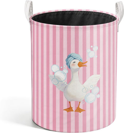 Funny Goose Pink Striped Laundry Basket, Preppy Toothbrush Bubble Goose Laundry Hamper Waterproof Collapsible Clothes Toys Storage Bin Organizer for Girls Dorm Bathroom Washroom